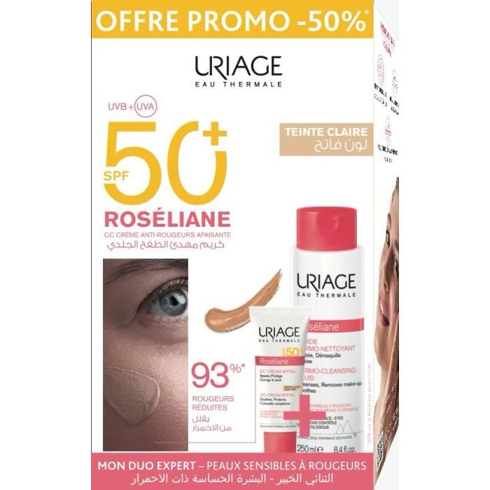 URIAGE PACK ROSELIANE CC CREME SPF 50 + TEINTE CLAIRE +ROSELIANE FLUIDE DERMO NETTOYANT 250ML