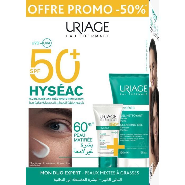 URIAGE PACK HYSEAC FLUIDE SPF50+ + HYSEAC GEL NETTOYANT 150ML