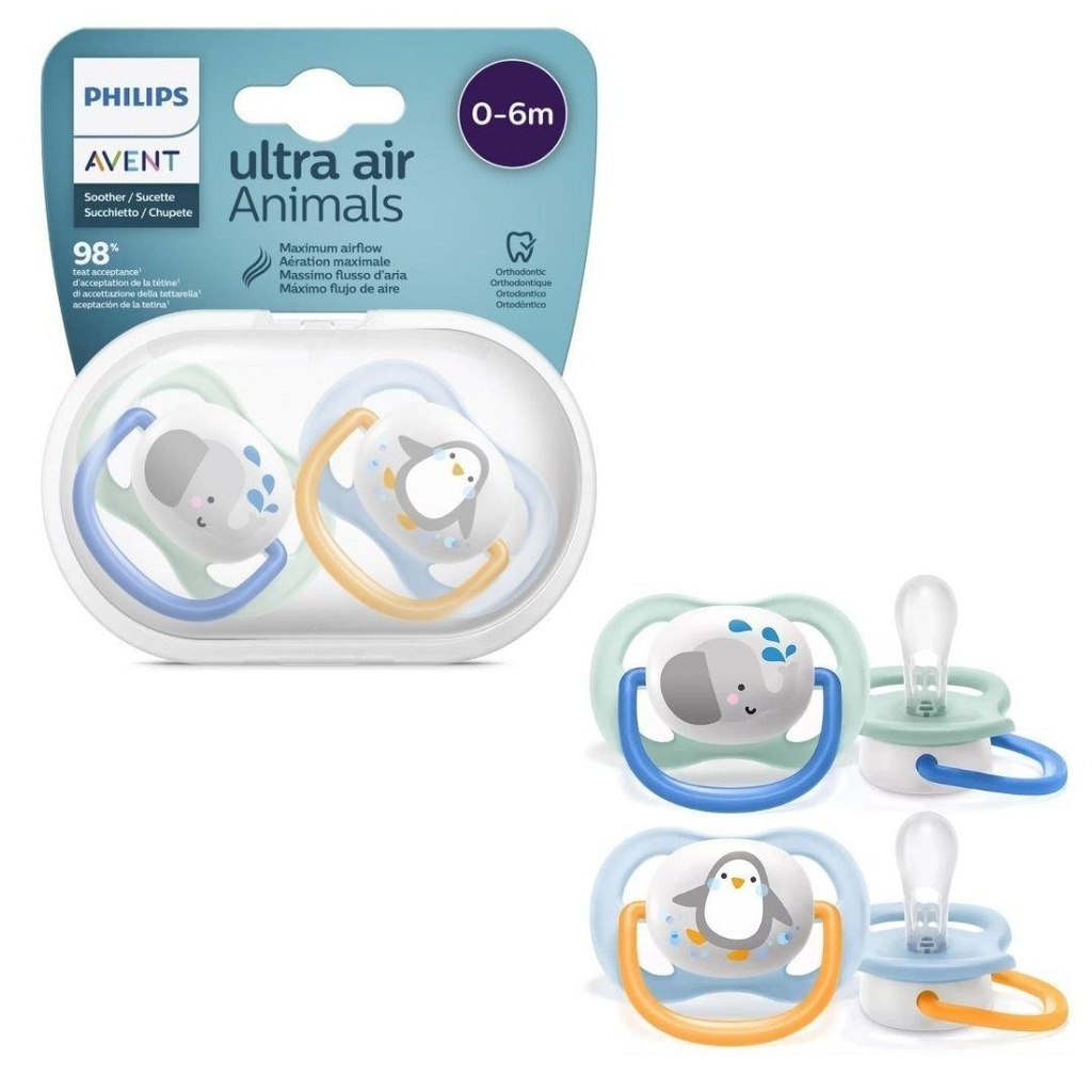 AVENT SUCETTES ULTRA AIR ANIMALS 0-6M GARCON ELEPHANT-PENGUIN 2U