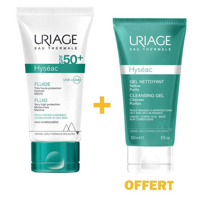 URIAGE PACK HYSEAC FLUIDE SPF50 + HYSEAC GEL NETTOYANT 50ML