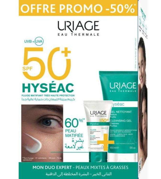 URIAGE PACK HYSEAC FLUIDE SPF50+ + HYSEAC GEL NETTOYANT 150ML