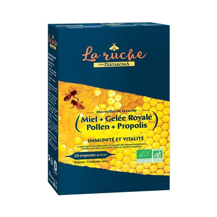 DIETAROMA LA RUCHE MIEL + GELEE ROYALE + POLLEN + PROPOLIS BIO - 20 AMPOULES