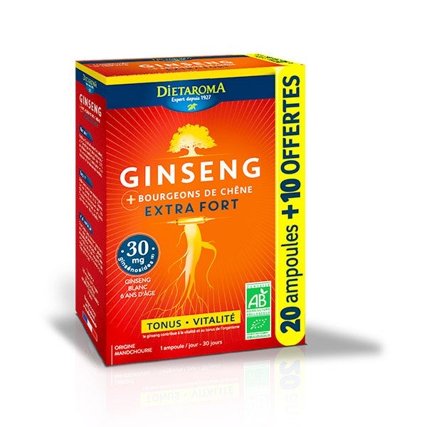 DIETAROMA GINSENG + BOURGEONS DE CHENE BIO - TONUS &amp; VITALITE - 30 AMPOULES