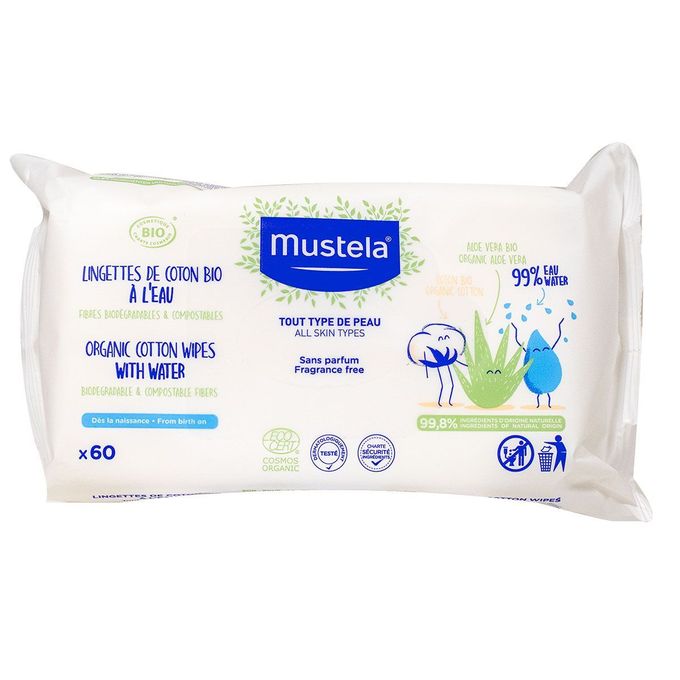 MUSTELA LINGETTES DE COTON BIO A L'EAU 60 UNITES