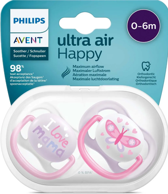 AVENT SUCETTES ULTRA AIR HAPPY 0-6M FILLE MAMA-PAPILLON 2U