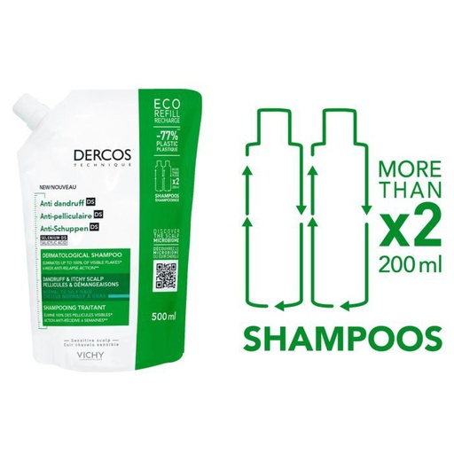 VICHY DERCOS ANTI-PELLICULAIRE DS SHAMPOOING TRAITANT  NORMAUX A GRAS RECHARGE 500ML