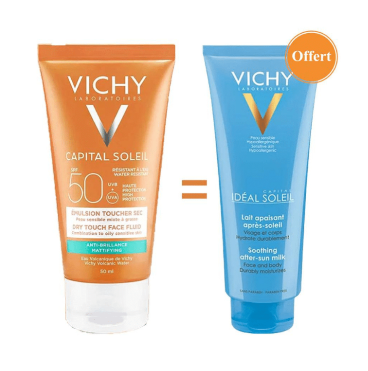 [00010104] VICHY CAPITAL SOLEIL EMULSION TOUCHER SEC SPF50 50ML + IDEAL SOLEIL LAIT APAISANT 100ML OFFERT